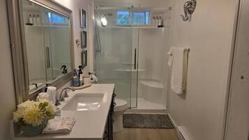 Shower, hair dryer, towels, soap