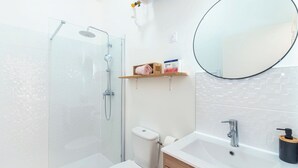 A modern bathroom with a glass-enclosed shower, a toilet, a sink, and a mirror. - Charming T2 in the heart of Villeurbanne (Villeurbanne)