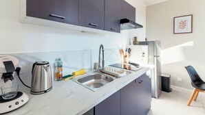 A modern kitchen with a built-in coffee maker, a kettle, a sink, and a refrigerator. - Charming T2 in the heart of Villeurbanne (Villeurbanne)