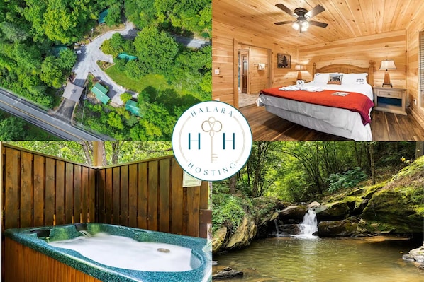 Relax in a cozy cabin-style room with a neatly made bed, ceiling fan, and hot tub access.