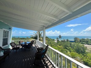 A covered outdoor area with a table and chairs, overlooking a tropical landscape and the ocean.