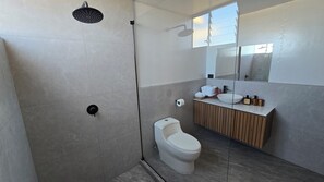 Ein modernes Badezimmer mit Dusche, Toilette und Waschtisch.