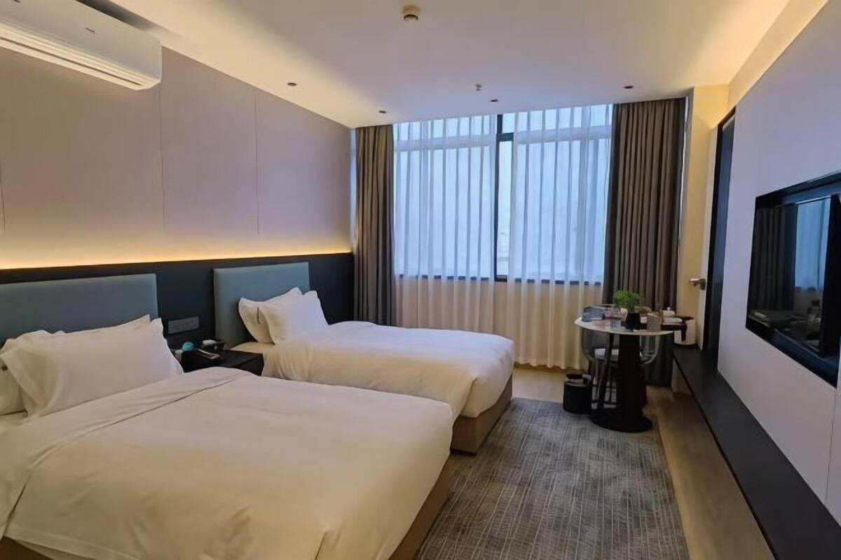 Habitación de hotel con dos camas, una mesita con una planta, un televisor y un ventanal con cortinas.