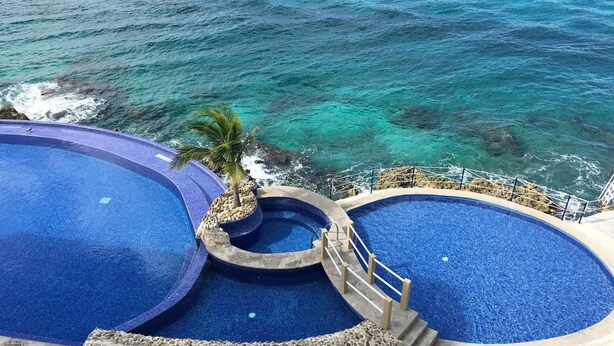 A large infinity pool with a palm tree and a view of the ocean. - 4/4.5 Condo Oceanfront Cozumel Downtown AC WiFi Security (Cozumel)