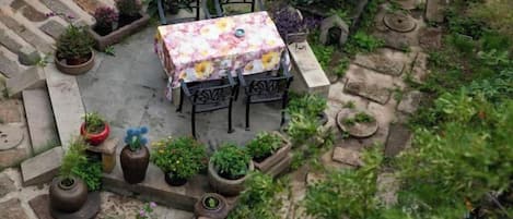 An outdoor patio with a table and chairs, surrounded by potted plants and stone steps.