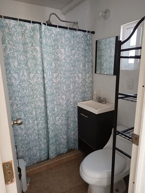 Hair dryer, towels, soap, toilet paper