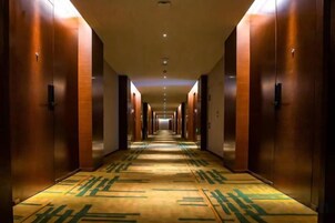 Un pasillo de hotel con puertas a ambos lados, un suelo estampado y un techo con iluminación empotrada.
