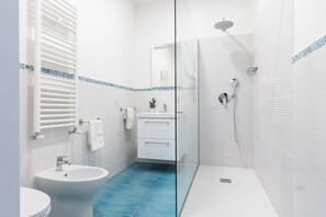 Hair dryer, bidet, towels, soap