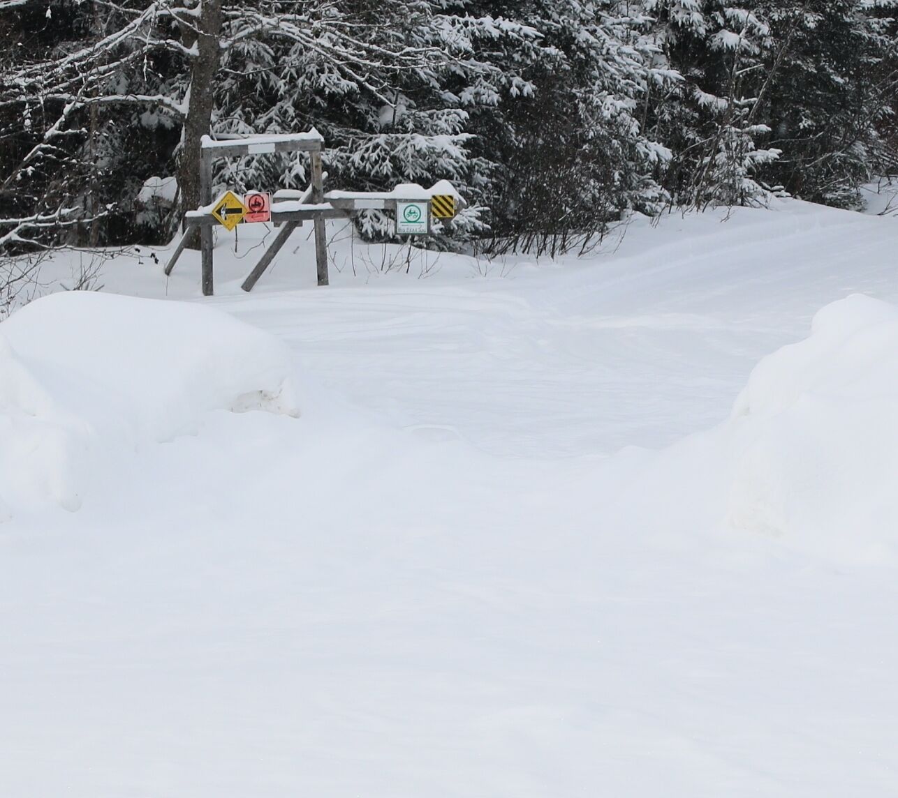 A snowy landscape with a wooden signpost indicating a no-entry and no parking zone.