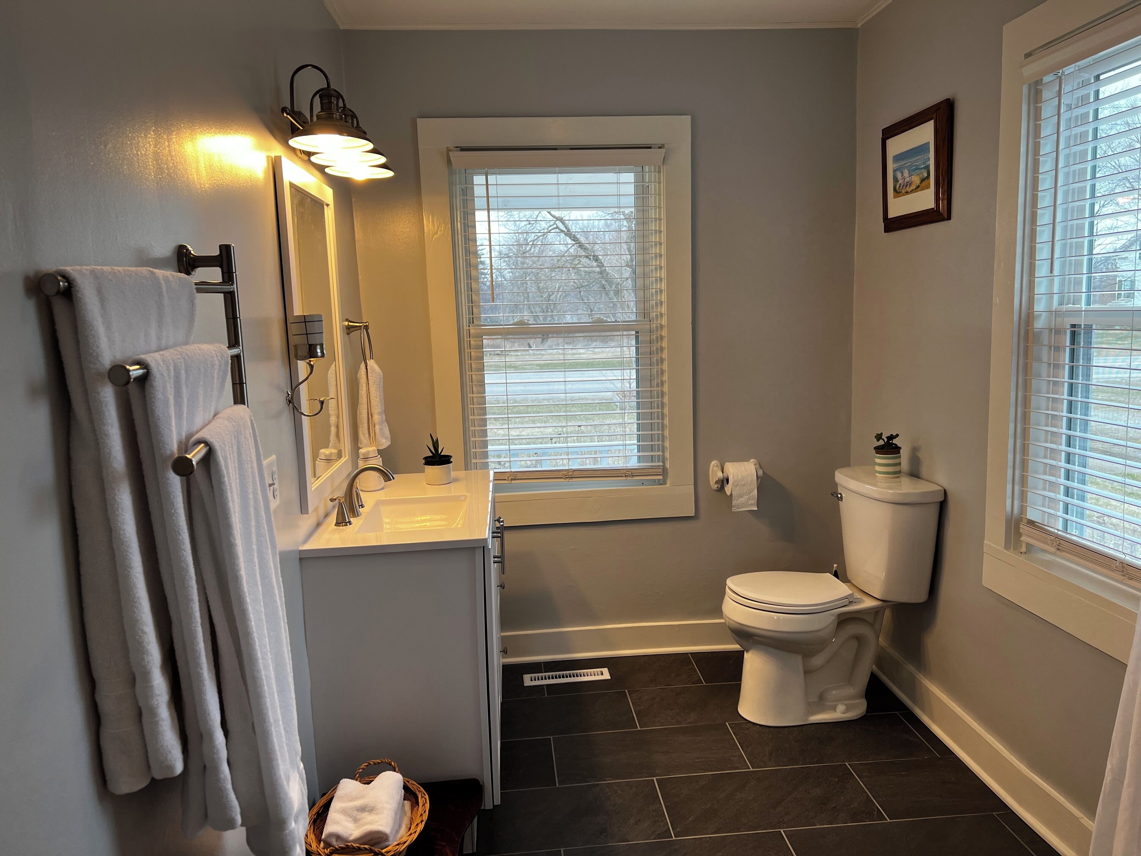 Een haardroger, handdoeken, zeep, toiletpapier