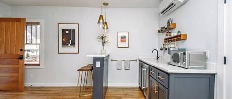 Fridge, microwave, cookware/dishes/utensils