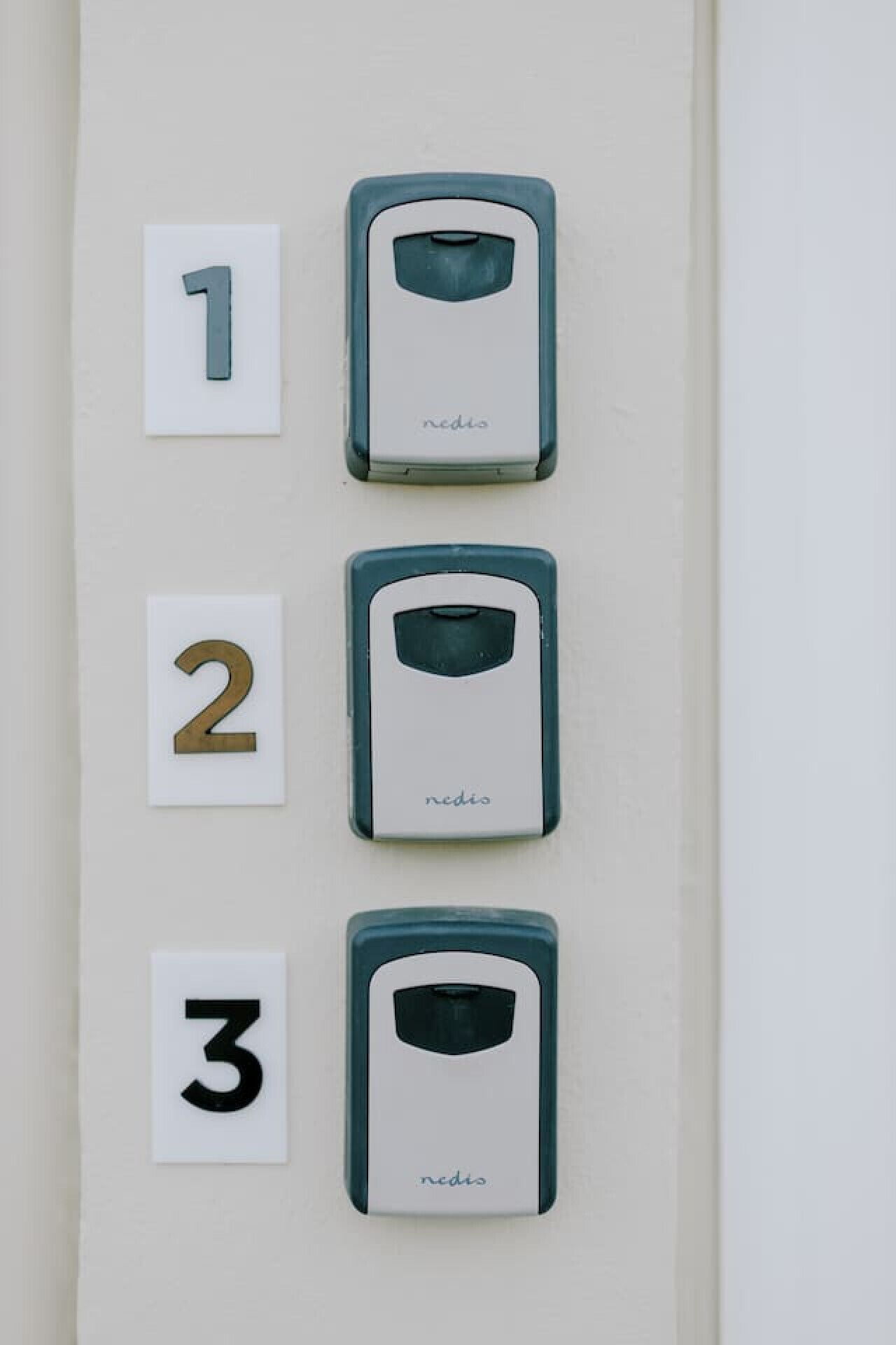 A wall with three numbered call buttons, each with a 'nedis' label.