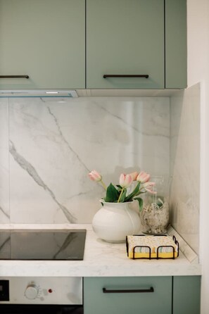 Fridge, oven, stovetop, coffee/tea maker