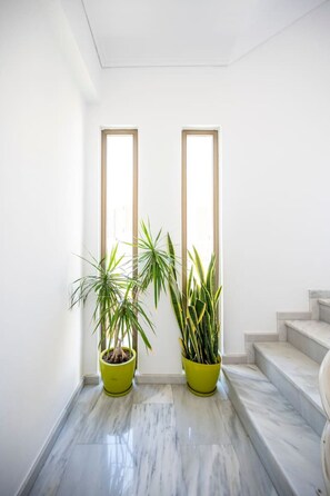 A modern interior with a marble floor, two green potted plants, and a staircase. - Blue Waters Premium Suite | Kos (Kos)