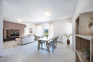 A spacious living area with a sofa, dining table, and chairs, a TV, and a wooden shelf with plants.