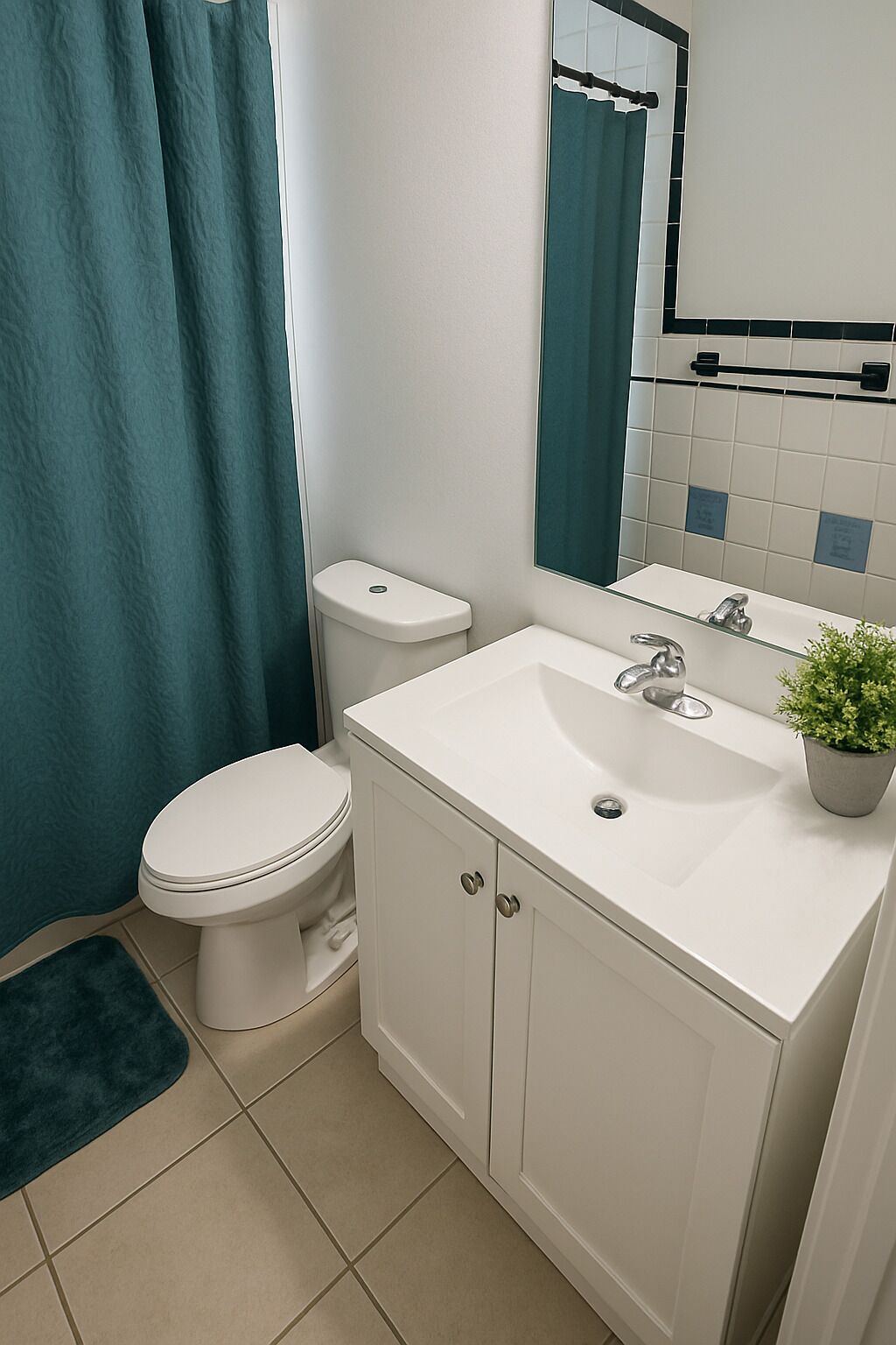 A bathroom with a toilet, sink, and mirror.