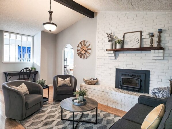 Smart TV, fireplace, books