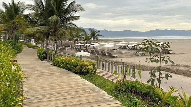 A wooden boardwalk leading to a beach with palm trees and umbrellas.