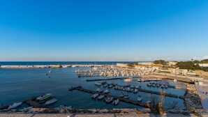 Un puerto deportivo con barcos amarrados, un muelle que se adentra en el agua y edificios al fondo.