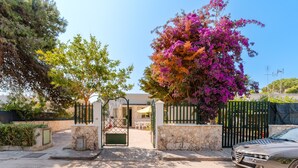 Una entrada protegida por un muro de piedra, un coche aparcado y un árbol con flores púrpuras.