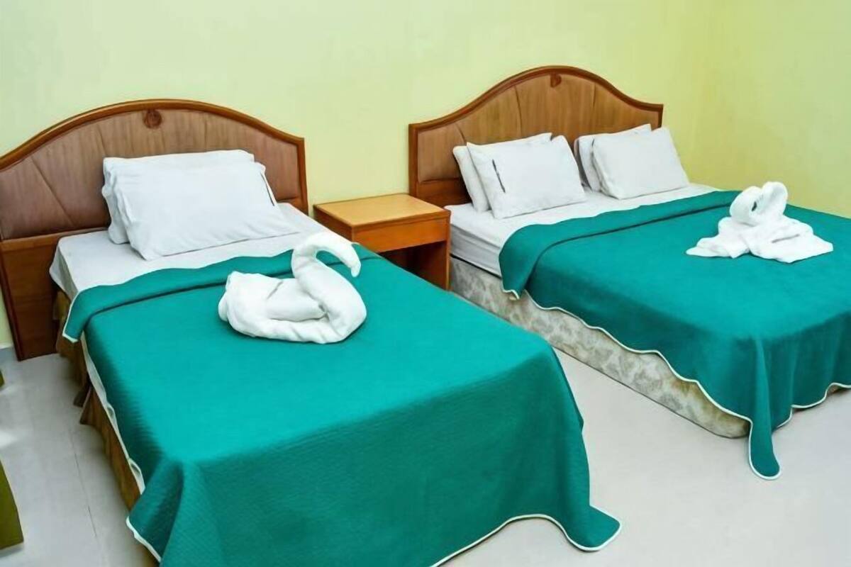 Due letti singoli con testiere in legno, biancheria da letto bianca e coperte color acquamarina.