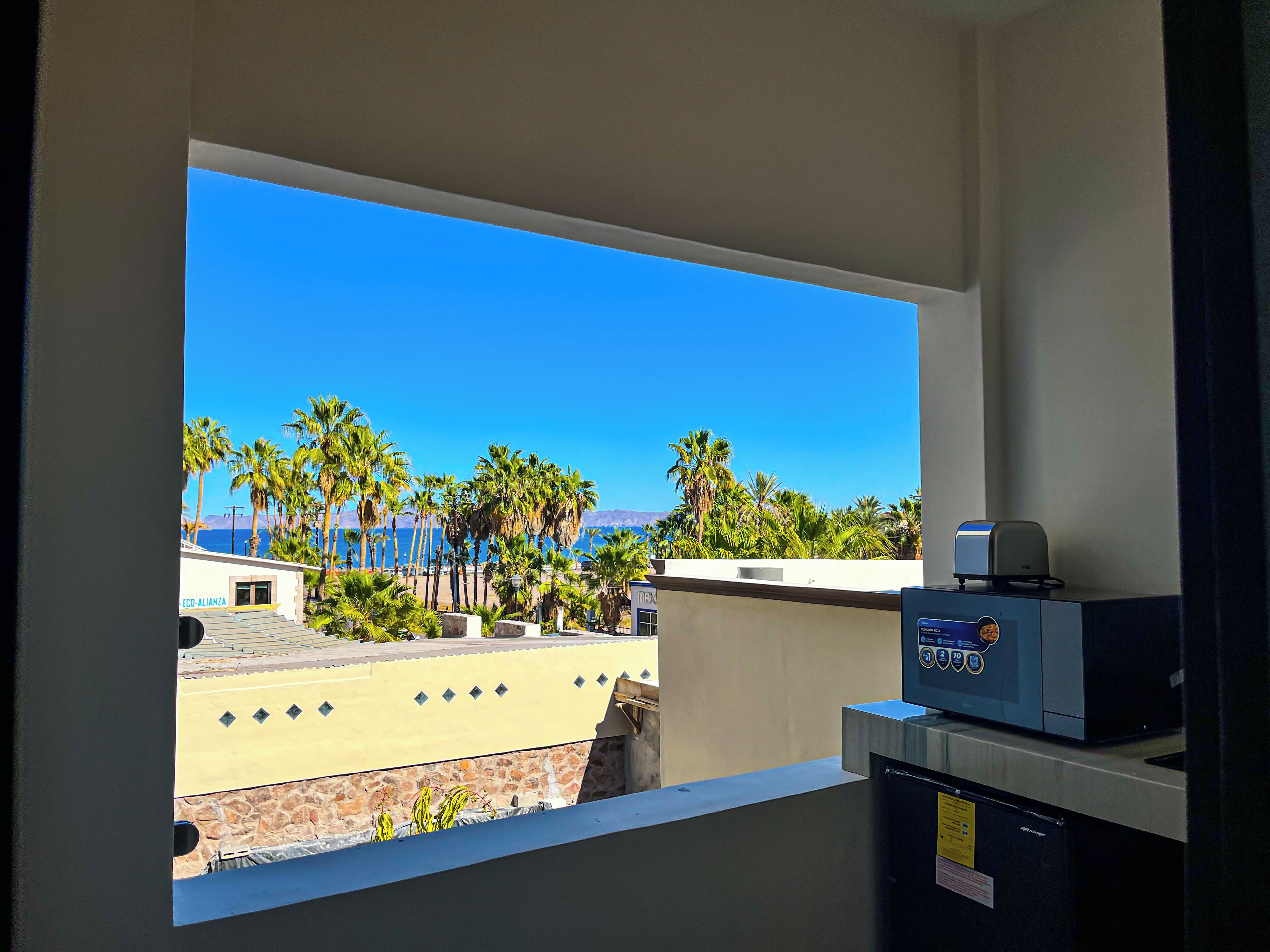 A room with a view of palm trees and a building across the street.