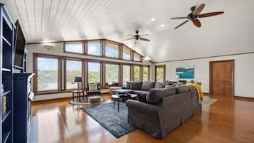 Una televisión, una chimenea, videojuegos, un futbolín