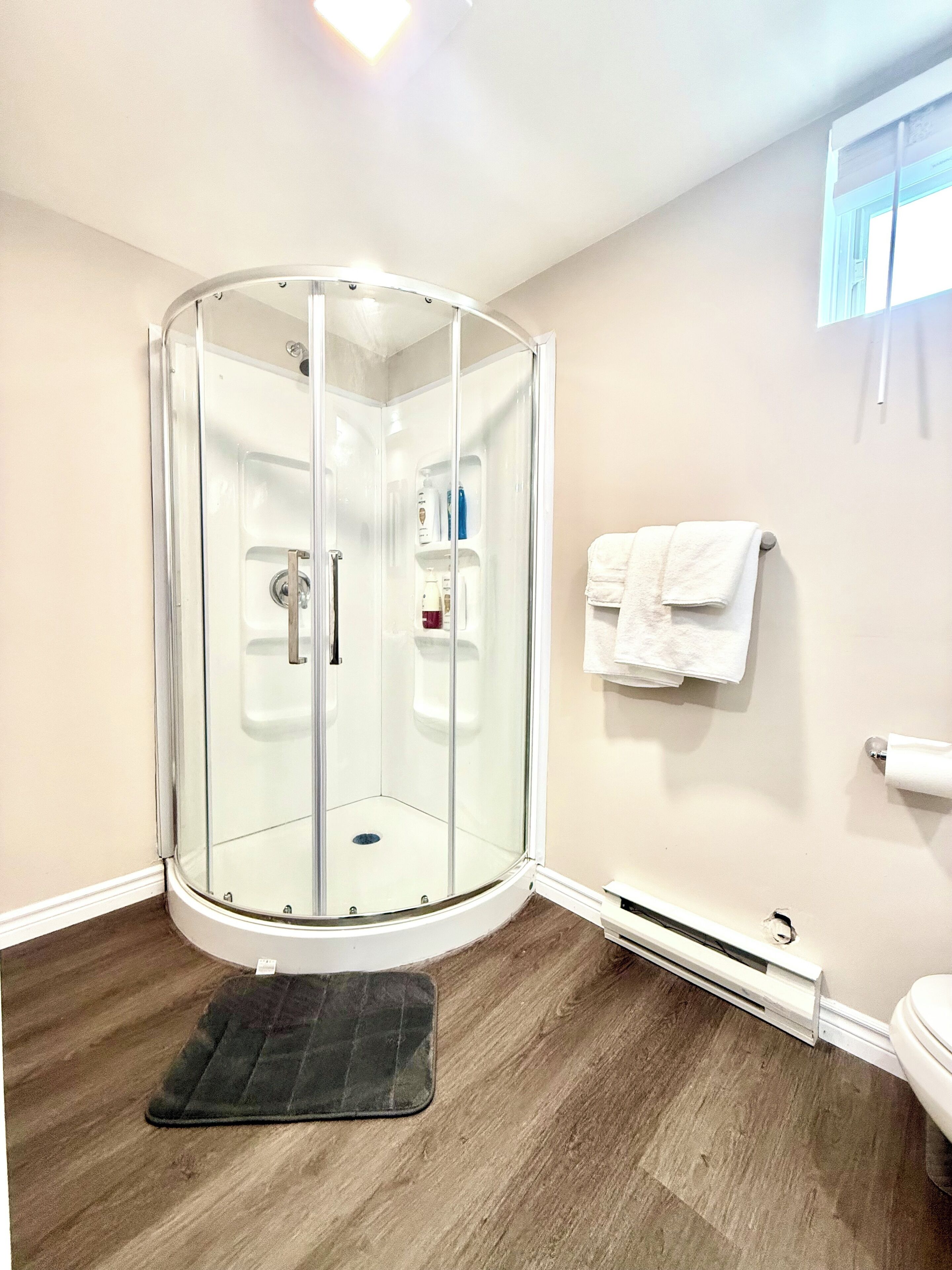 Secador de cabelo, toalhas de banho, sabonete, shampoo