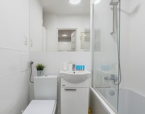 Hair dryer, towels, soap, shampoo