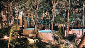 Un jardí exuberant amb una piscina, envoltat de vegetació i arbres densos.