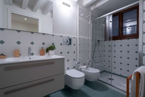 Ducha, secador de pelo, bidé y toallas