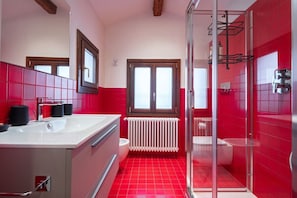 Shower, hair dryer, bidet, towels