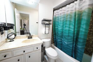 Hair dryer, towels, soap, toilet paper