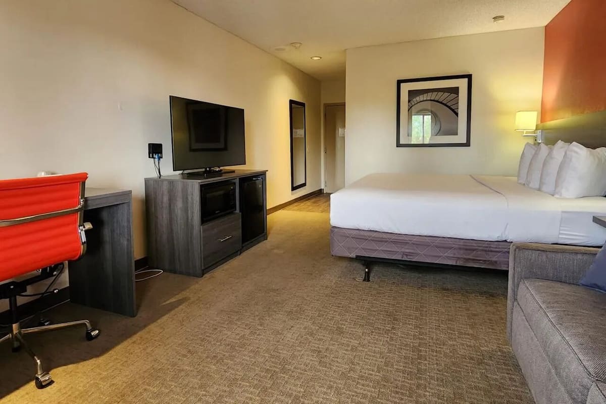 Una habitación de hotel con cama, escritorio con televisor, una silla roja y un sofá.