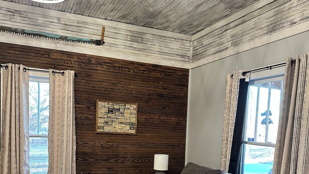 Een gezellige woonkamer met een houten plafond, een accentmuur van donker hout, een grijze bank met kussens, een witte salontafel en een kleine bijzettafel met een lamp.