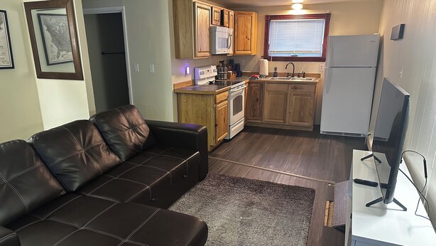 Un espacio habitable compacto con un sofá de cuero, armarios de madera, una kitchenette y un televisor.