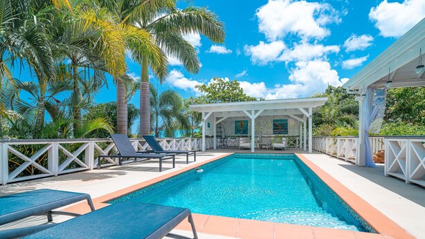 A swimming pool with lounge chairs, a covered seating area, and palm trees.