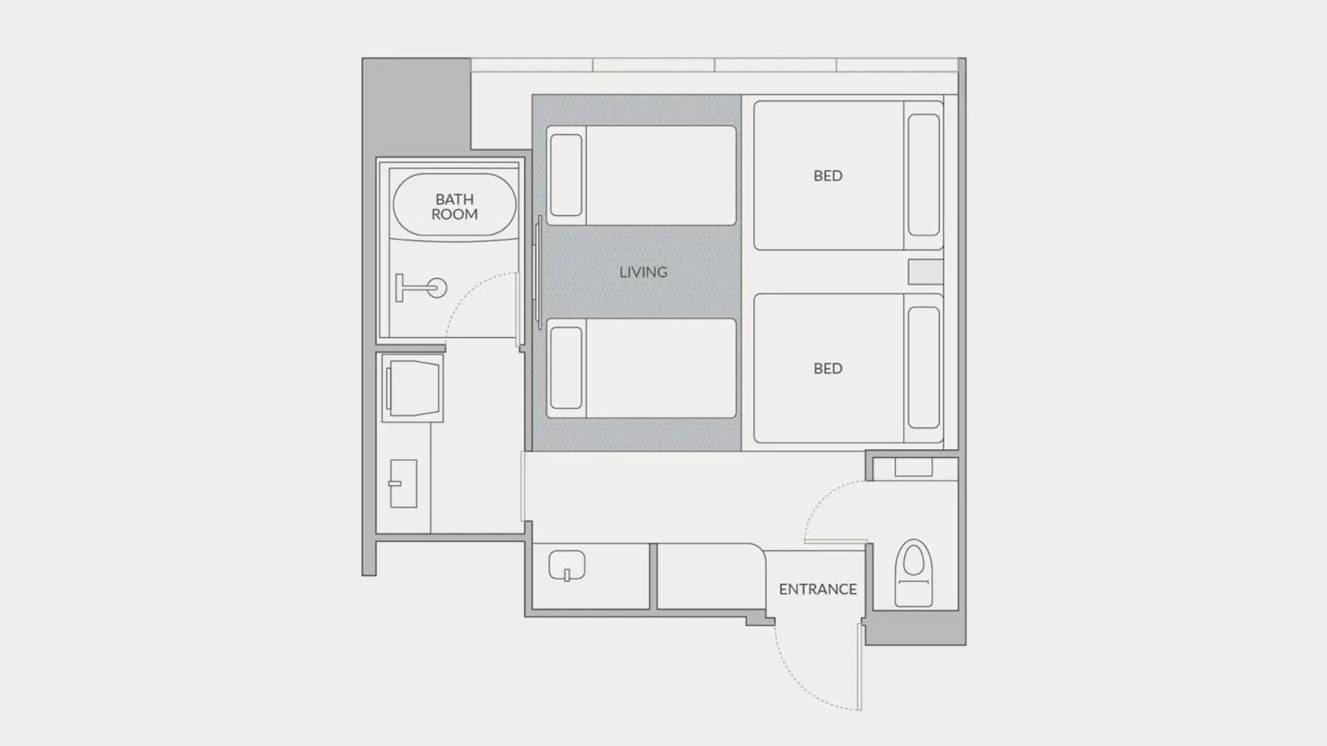 A floor plan of a hotel room with a living area, two beds, a bathroom, and an entrance.