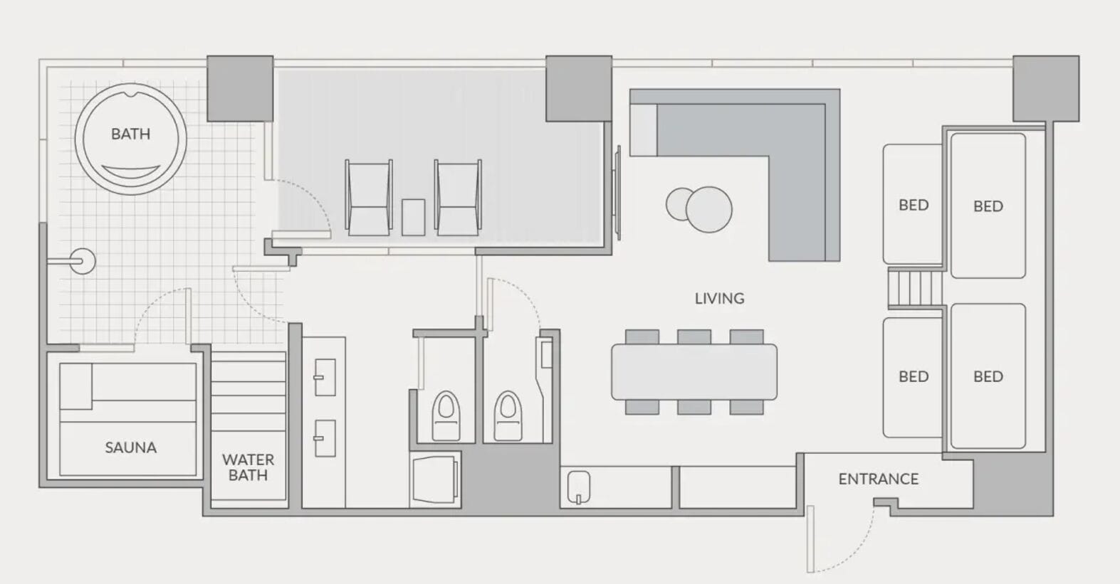 A floor plan with a living area, two bedrooms, a bathroom, a sauna, and a water bath.