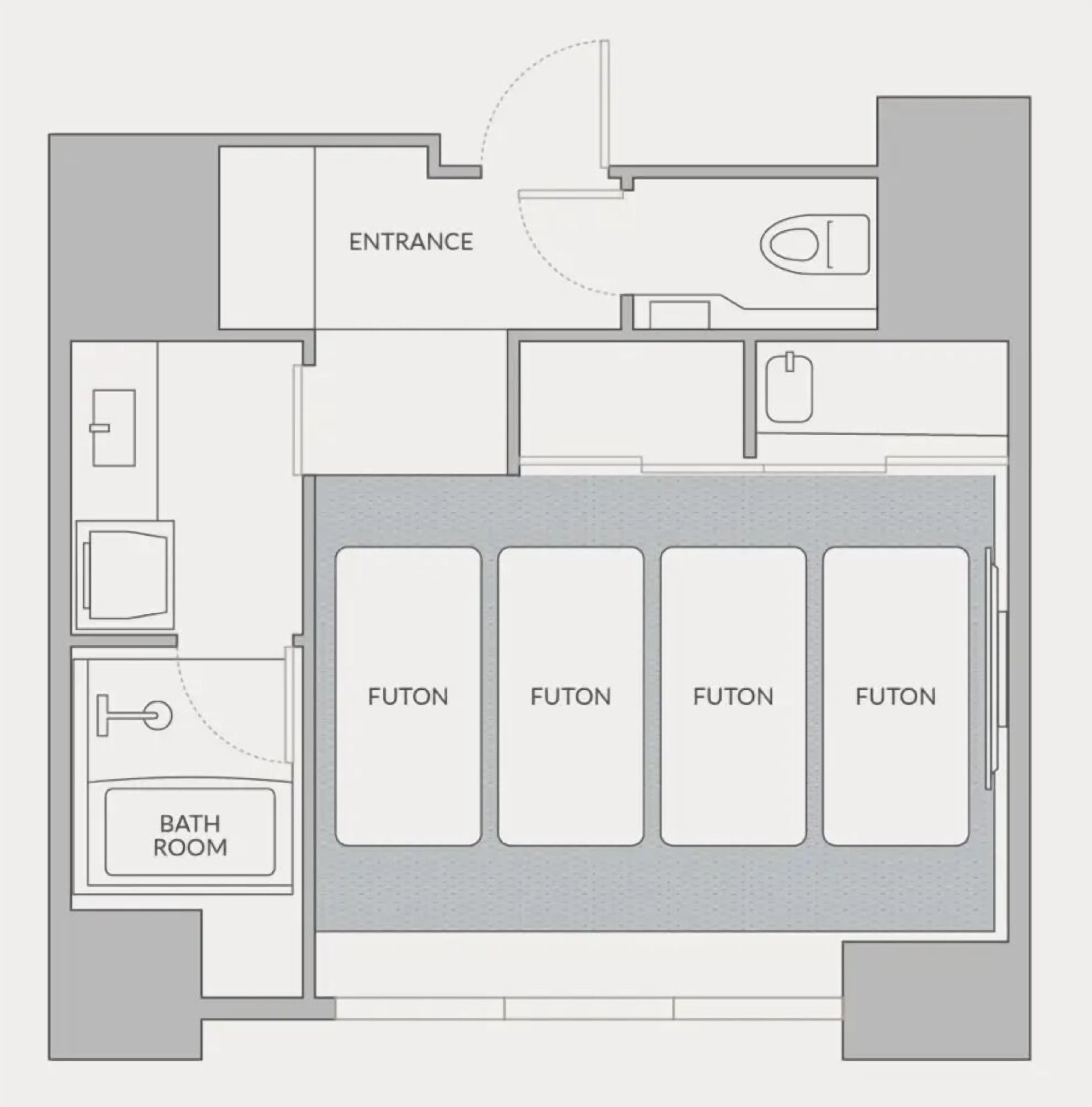 A hotel room layout with an entrance, a bathroom, and four futons arranged in a row.
