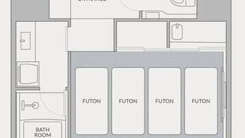 A hotel room layout with an entrance, a bathroom, and four futons arranged in a row.