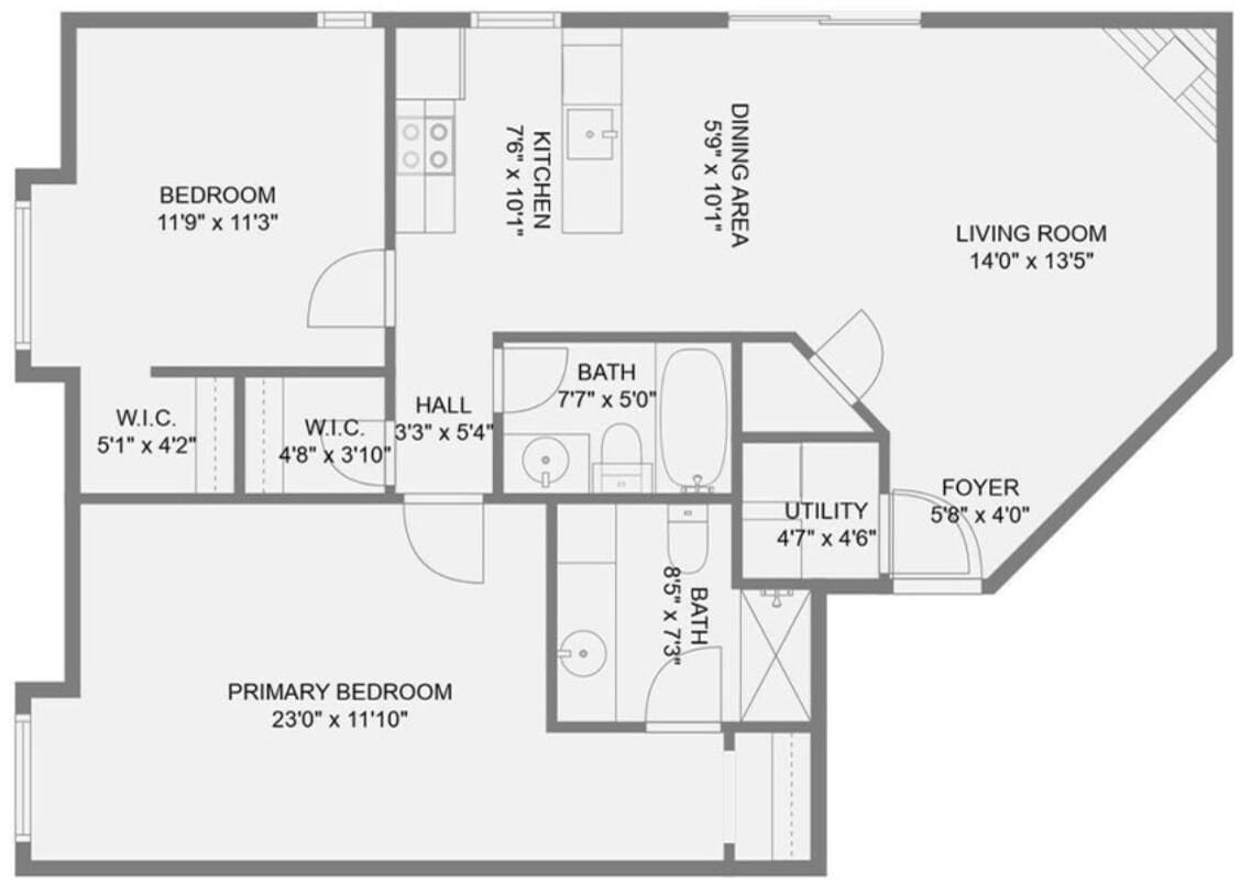 A floor plan with a primary bedroom, secondary bedroom, living room, dining area, kitchen, bathroom, hall, foyer, and utility room.