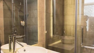 Shower, hair dryer, bidet, towels