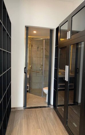 Shower, hair dryer, bidet, towels