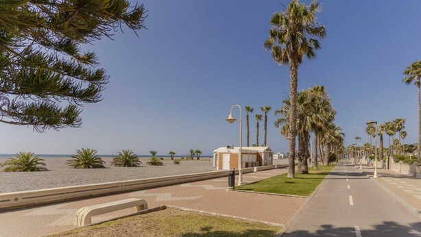 A coastal promenade with a paved walkway, palm trees, and a beach in the background. - RentitSpain Varadero: Beach, Sea, and Comfort (Motril)