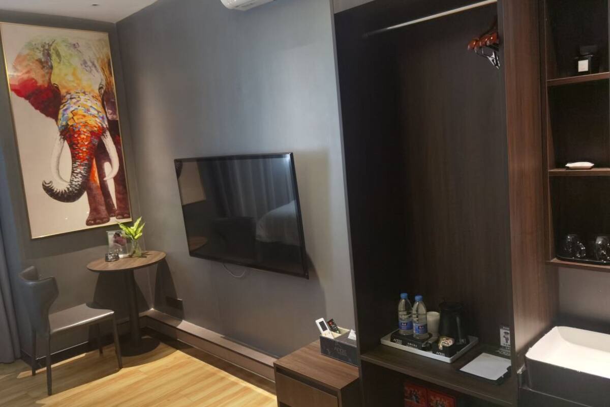 Ein modernes Hotelzimmer mit einem großen Elefantenbild, einem Flachbildfernseher, einem kleinen runden Tisch mit einer Pflanze und einer Holzkabine mit Pflegeprodukten.