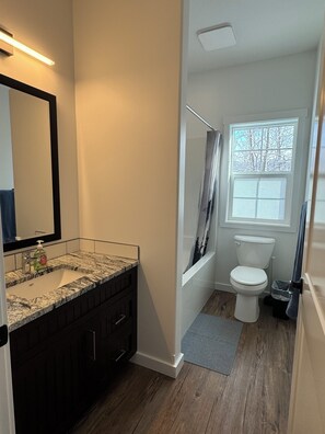 Shower, towels, soap, toilet paper