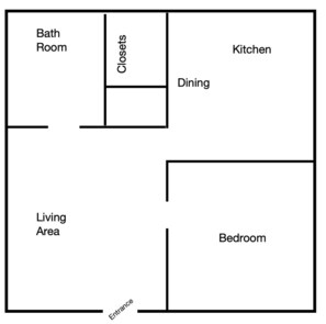 Plano de planta que muestra un baño, armarios, cocina, comedor, sala de estar, dormitorio y entrada.