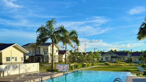 A swimming pool with clear blue water, surrounded by a tiled deck and palm trees.