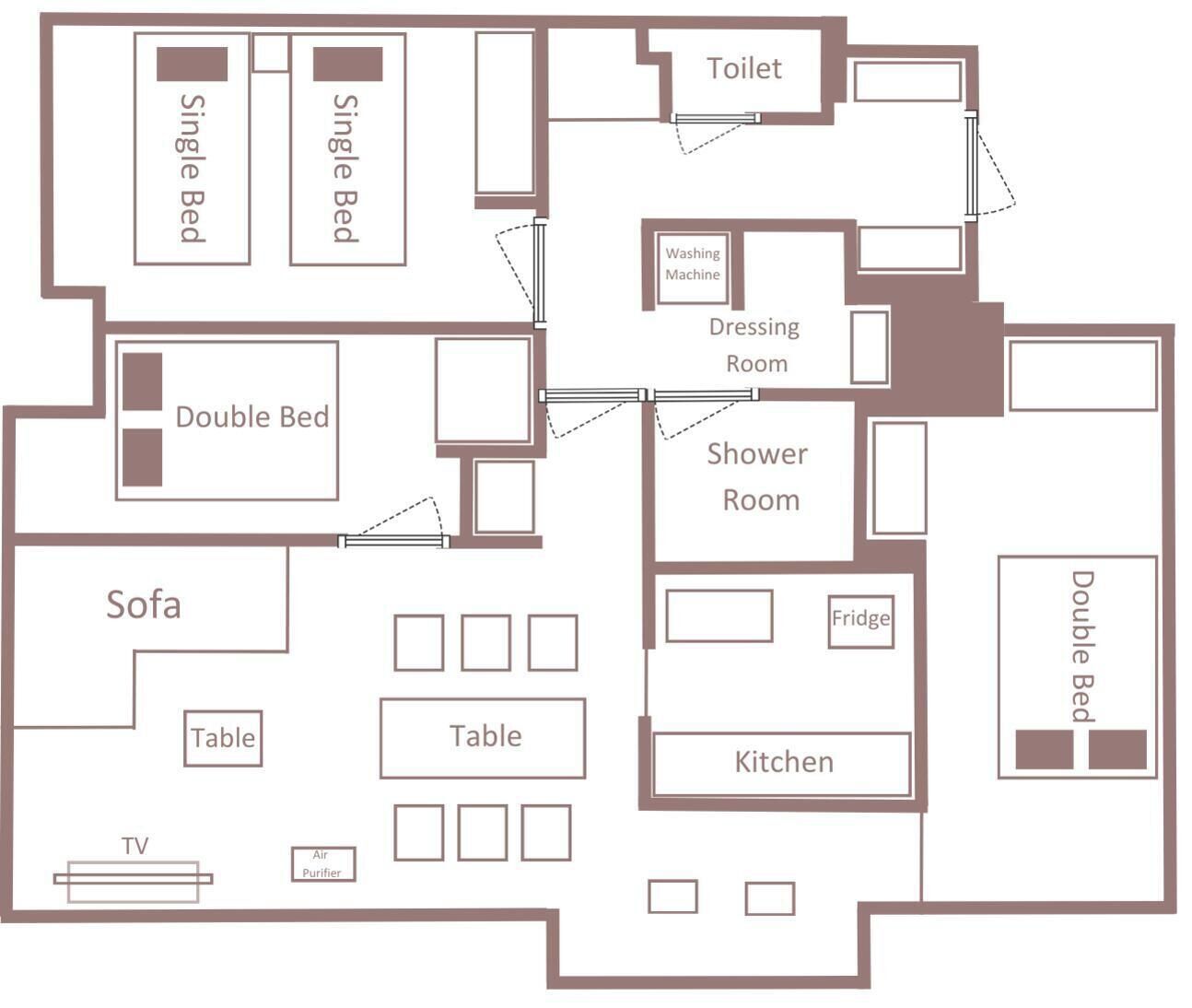 A hotel room layout with a double bed, single beds, a sofa, a dining table, a TV, an air purifier, a shower room, a dressing room, a kitchen, and a fridge.